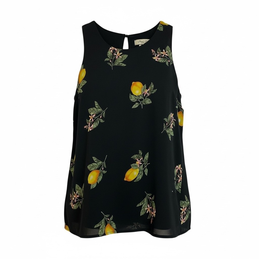 Final Touch Womens Black Lemon Blossom Print Sleeveless Keyhole Tank Top Medium‎